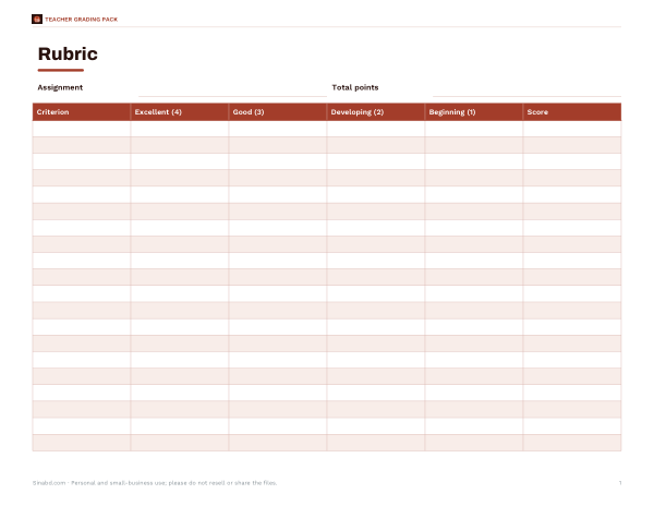 Preview of Printable Grading Rubric Template